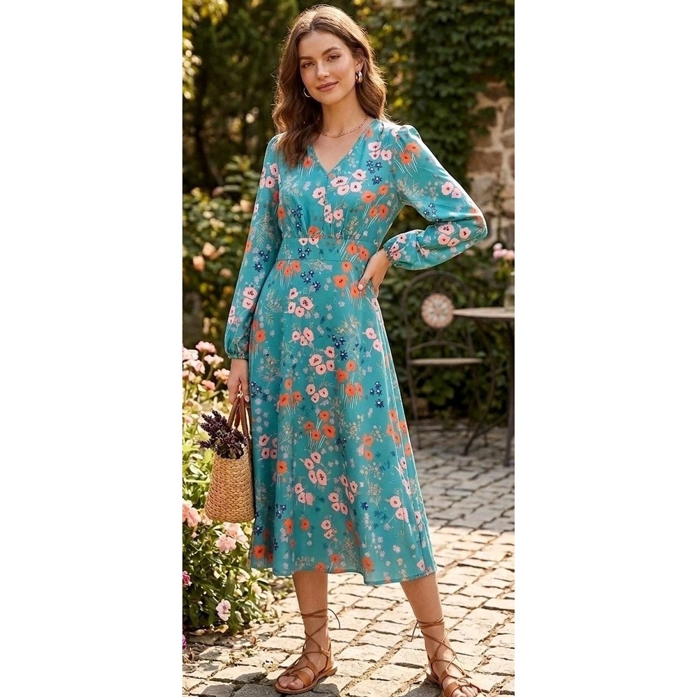 Boho Teal Floral Dress Size Small V Neck Long Sleeve Cottagecore Modest Sping